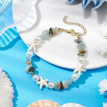 Starfish Synthetic Turquoise & Natural Flower Amazonite Chip Beaded Bracelets for Women, with 304 Stainless Steel Lobster Claw Clasps, 7-5/8~7-3/4 inch(19.4~19.8cm)