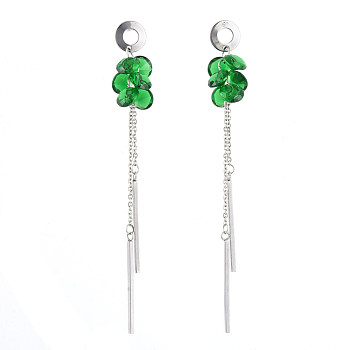 304 Stainless Steel Dangle Stud Earring, with Cable Chains, Cubic Zirconia Charms and Ear Nuts, Green, 76.5mm, Pin: 0.8mm