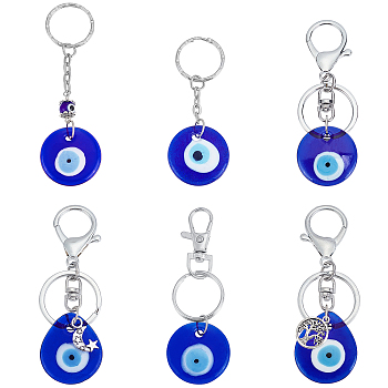 AHADERMAKER 6Pcs 6 Style Lampwork Keychain, with Iron & Alloy Findings, Evil Eye, Flat Round & Teardrop, Antique Silver & Platinum, 1pc/style