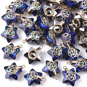 Electroplate Glass Pendants, with Light Gold Plated Brass Ice Pick Pinch Bails, Faceted, Star with Rose, Dark Blue, 16x13.5x7mm, Hole: 1.2mm