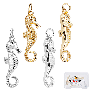 8Pcs 2 Colors Eco-Friendly Brass Pendants, with Jump Ring, Long-Lasting Plated, Sea Horse, Real Gold Plated & Real Platinum Plated, 26.5x9x3mm, Hole: 3.4mm, 4pcs/color