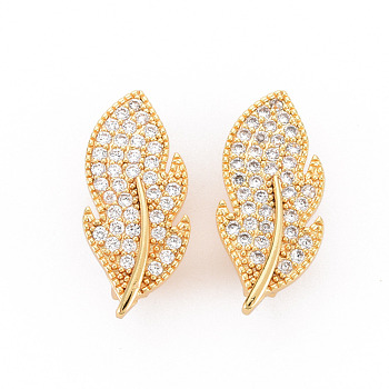 Brass Micro Pave Clear Cubic Zirconia Twister Clasps, Nickel Free, Leaf, Real 18K Gold Plated, 24x10.5x9mm, Hole: 1.4mm