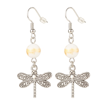 Round Natural Mashan Jade with Alloy Dragonfly Dangle Earrings, Brass Earrings for Women, Floral White, 50mm, Pin: 0.6mm