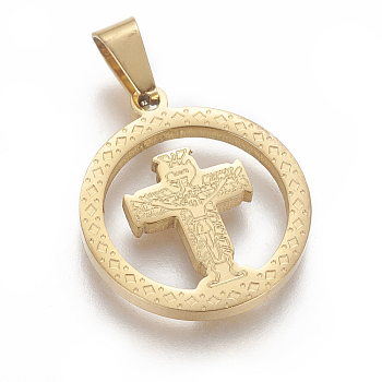 304 Stainless Steel Pendants, For Easter, Flat Round with Crucifix Cross, Golden, 22.5x20x2mm, Hole: 4x6mm