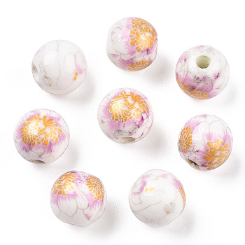 Handmade Printed Porcelain Beads, Round, Goldenrod, 8mm, Hole: 2mm