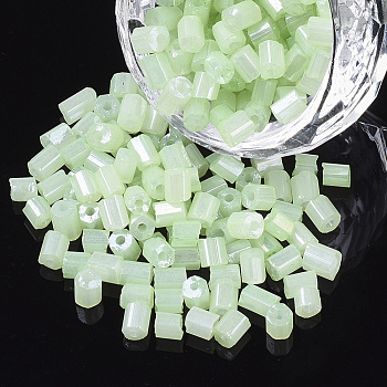 6/0 Two Cut Glass Seed Beads, Hexagon, Opaque Ceylon & Lustered, Pale Green, 3.5~5x3.5~4mm, Hole: 1mm, about 4500pcs/bag
