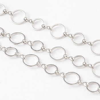 Brass Handmade Chains, Unwelded, with Spool, Platinum,  about 8 and 10mm in diameter,  1mm thick, about 32.8 Feet(10m)/roll