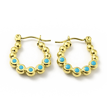 Ion Plating(IP) 304 Stainless Steel Round Beads Wrap Hoop Earrings with Enamel for Women, Golden, Deep Sky Blue, 18x17x3mm, Pin: 0.8mm