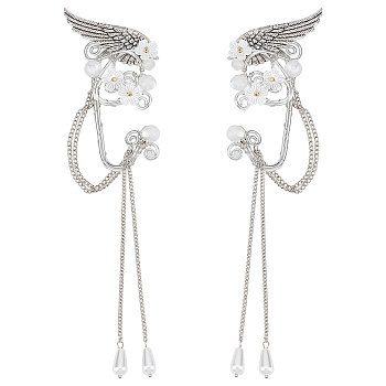 Aluminum Wing and Flower Cuff Earrings with Plastic Pearl Tassel, Alloy Wire Wrap Elf Ear Cuffs for Elven Cosplay Wedding Party, Platinum, 190mm