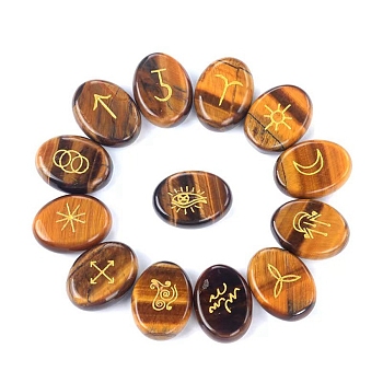 Oval Natural Tiger Eye Rune Stones, Healing Stones for Chakras Balancing, Crystal Therapy, Meditation, Reiki, Divination, 20x15mm, 13pcs/set
