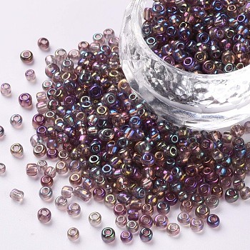 8/0 Glass Seed Beads, Trans. Colors Rainbow, Round, Misty Rose, Size: about 3mm in diameter, hole:1mm, about 2222pcs/100g