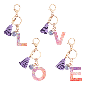 ARRICRAFT 4Pcs 4 Styles Resin Keychains, with Iron Keychain Findings, Glass Ball Pendants(with Plastic inside) and Sponge Tassels, Letter Love, Light Gold, Lilac, 9.5cm, 1pc/style