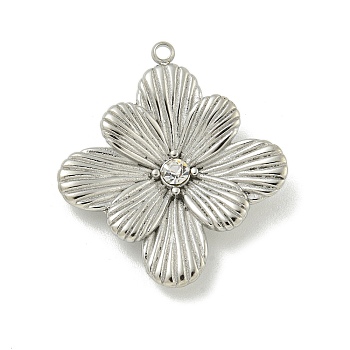 304 Stainless Steel Pendants, with Crystal Rhinestine, Flower Charm, Stainless Steel Color, 26x23.5x3.5mm, Hole: 1.4mm