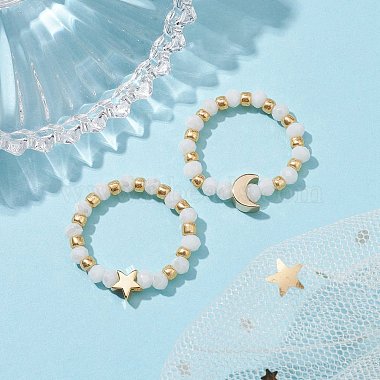 Glass Stretch Rings with Golden Plated Star & Moon Brass Beads(RJEW-JR00660-02)-2