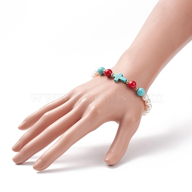 Synthetic Turquoise(Dyed) Cross & Natural Mashan Jade & Pearl Beaded Stretch Bracelet(BJEW-TA00161)-3