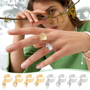 8Pcs 4 Style 304 Stainless Steel Open Cuff Finger Rings with Leaf Charms(RJEW-AB00008)-6