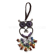 Wire Wrapped Brass Owl & Natural Amethyst Pendant Decoration, Braided Nylon Thread and Gemstone Chip Tassel Hanging Ornaments, 160~180mm(HJEW-C006-01E)