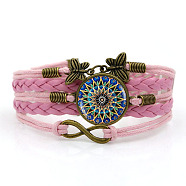 PU Leather Multi-strand Bracelet, Glass Mandala & Alloy Butterfly Links Bracelet for Women, Pearl Pink, 6-3/4 inch(17cm)(MAND-PW0001-40A)