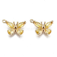 Brass Micro Pave Cubic Zirconia Pendants, Nickel Free, Butterfly, Gold, Real 18K Gold Plated, 10.5x15x3mm, Hole: 1.2mm(X-KK-T056-59G-03-NF)