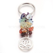 Natural Gemstone Keychain, with Brass Findings, Flat Round with Lotus, 80mm, Pendant: 24x19.5x1.5mm(X-KEYC-JKC00163-01)