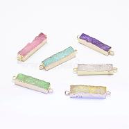 Electroplated Natural Druzy Agate Links/Connectors, Golden, Rectangle, Mixed Color, 30~45x8~9x4.5~7.5mm, Hole: 2mm(G-G656-02)