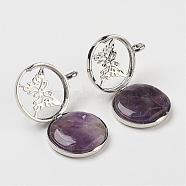 Natural Amethyst Pendants, with Brass Diffuser Locket Findings, Flat Round with Butterfly, 31x26x8mm, Hole: 4mm(G-G910-G01)