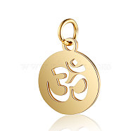Chakra Theme Stainless Steel Pendants, with Jump Ring, Flat Round with Ohm/Aum, Golden, 1.7x1.2cm(CHAK-PW0001-031G)