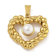 Ion Plating(IP) 304 Stainless Steel Pendants, with ABS Imitation Pearl, Golden, Heart, 21x23x8mm, Hole: 5x2.5mm(STAS-U024-04G)