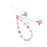 Polymer Clay Rhinestone & Glass Beaded Chain Mobile Strap, with Chiffon Flower Tassel, Anti-Lost Cellphone Wrist Lanyard, for Car Key Purse Phone Supplies, Pink, 12cm(HJEW-SW00021-03)