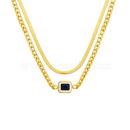 304 Stinless Steel Herringbone & Cuban Link Chains Double Layered Necklaces, Rhinestone Rectangle Pendant Necklace, Golden, 16.54 inch(42cm)(NJEW-H024-01G)