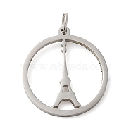 304 Stainless Steel Pendants, with Jump Ring, Flat Round, Stainless Steel Color, Eiffel Tower, 33x29.5x2mm, Hole: 5.5mm(STAS-C086-05E-P)
