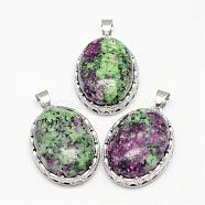 Natural Ruby in Zoisite Pendants, with Brass Findings, Oval, Platinum, 30x21x10~11mm, Hole: 6x4mm(G-D851-31)