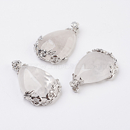 Valentine Gifts Idea for Guys Natural Quartz Crystal Pendants, Rock Crystal Pendants, with Brass Findings, Drop, Platinum, 38~41x26x8mm, Hole: 5x4mm(G-Q689-17)