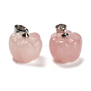 Natural Rose Quartz Pumpkin Charms, with Platinum Tone Rack Plating Brass Snap on Bails, Lead Free & Cadmium Free, 13.5x13mm, Hole: 4x3.5mm(G-K338-27P-07)