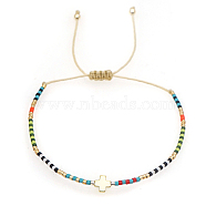 Cross & Glass Seed Braided Bead Bracelet, Adjustable Bracelet, Beige, no size(KG3745-1)