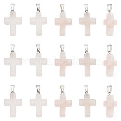 16Pcs Religion Natural Rose Quartz Pendants, Cross Charm, with Stainless Steel Findings, Stainless Steel Color, 29~30x18~19x5~6mm, Hole: 6x4mm(G-UN0001-08B)