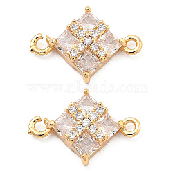 Brass Clear Cubic Zirconia Connector Charms, Rhombus Links, Real 18K Gold Plated, 11x16x3mm, Hole: 1.2mm(KK-G516-07G)