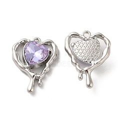 Glass Melting Heart Pendant, with Platinum Alloy Findings, Lead Free & Cadmium Free, Purple, 20x15.5x5.5mm, Hole: 1.4mm(PALLOY-K001-077P-03)