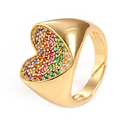 Adjustable Brass Micro Pave Cubic Zirconia Cuff Rings, Open Rings, Heart, Colorful, Golden, Size 7, Inner Diameter: 17mm(RJEW-E168-03A-G)