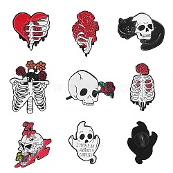8Pcs 8 Style Skull Skeleton Ghost Enamel Pin, Halloween Alloy Brooch for Backpack Clothes, Electrophoresis Black, Mixed Color, 24~34x17~34x1~1.5mm, 1pc/style(JEWB-SZ0001-52)