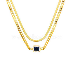304 Stinless Steel Herringbone & Cuban Link Chains Double Layered Necklaces, Rhinestone Rectangle Pendant Necklace, Golden, 16.54 inch(42cm)(NJEW-H024-01G)