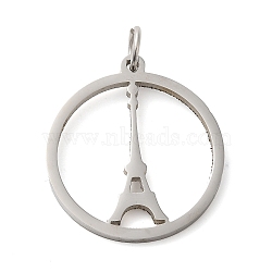 Non-Tarnish 304 Stainless Steel Pendants, with Jump Ring, Flat Round, Stainless Steel Color, Eiffel Tower, 33x29.5x2mm, Hole: 5.5mm(STAS-C086-05E-P)