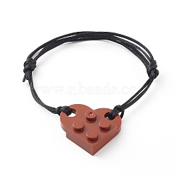 Resin Building Blocks Link Bracelets, with Adjustable Nylon Cord , Heart, Saddle Brown, Inner Diameter: 1-3/4~3-1/4 inch(4.6~8.3cm)(BJEW-JB06339-04)