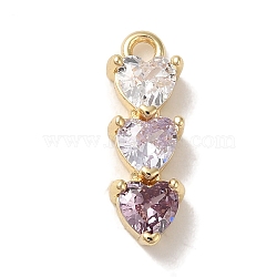 Brass Cubic Zirconia Pendants, Real 14K Gold Plated, 3-Heart, Old Rose, 15.5x5x3mm, Hole: 1.4mm(KK-G499-07G-04)