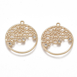 Brass Filigree Pendants, Nickel Free, Real 18K Gold Plated, with Cubic Zirconia, Flat Round, Clear, 23~24x21~22x2mm, Hole: 1.6mm(KK-T038-345G-01)