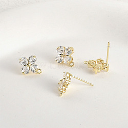 Brass Micro Pave Cubic Zirconia Stud Earring Findings, Long-Lasting Plated, Flower, Real 14K Gold Plated, 12.5x10.5mm, Hole: 1.2mm(KK-Z094-07G)