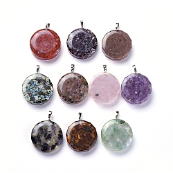 Resin Pendants, with Natural Gemstone Chips Inside, Long-Lasting Plated Brass Findings, Flat Round, Platinum, 39~40x34.5~35.5x10~12mm, Hole: 7~8x4.5~5mm(KK-D531-01)