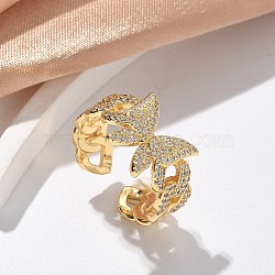 Brass Micro Pave Clear Cubic Zirconia Cuff Rings for Women, Butterfly, Real 18K Gold Plated, 12.5mm(RJEW-U041-02G)