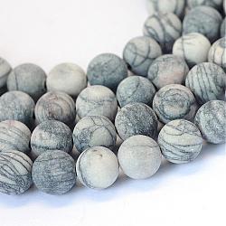 Frosted Natural Black Silk Stone/Netstone Round Bead Strands, 8~8.5mm, Hole: 1mm, about 47pcs/strand, 15.5 inch(G-E334-8mm-25)