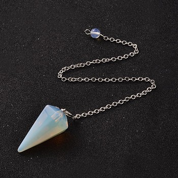 Platinum Tone Brass Opalite Cone Hexagonal Pointed Dowsing Pendulums, with Lobster Claw Clasps, 230x3mm